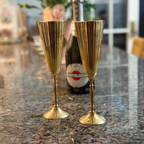 Set of 2 Vintage Brass Champagne Flutes, Metal Glassware Ribbed Gold Goblets - Picture 1 of 10